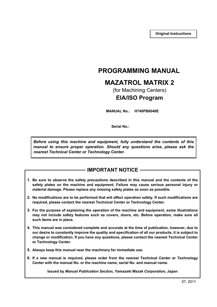 Mazak Mazatrol Programming Manual