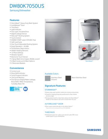 Samsung stormwash hot sale dishwasher dw80k7050ug