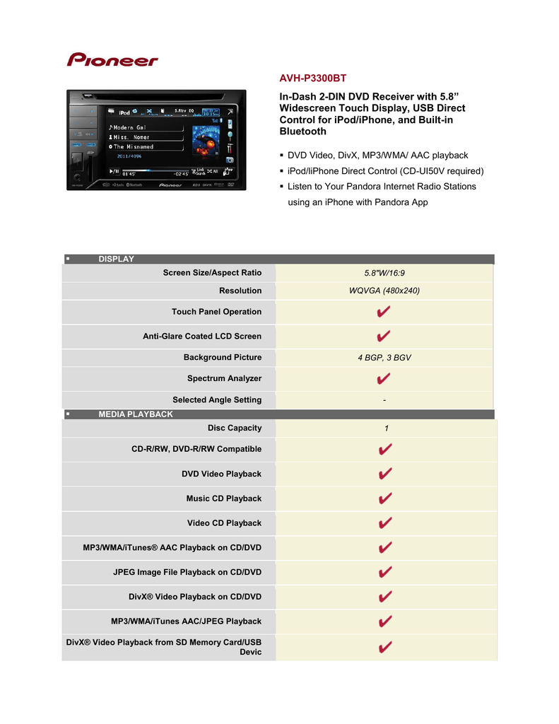 AVH-P3300BT In-Dash 2-DIN DVD Receiver with 5.8” Widescreen | Manualzz