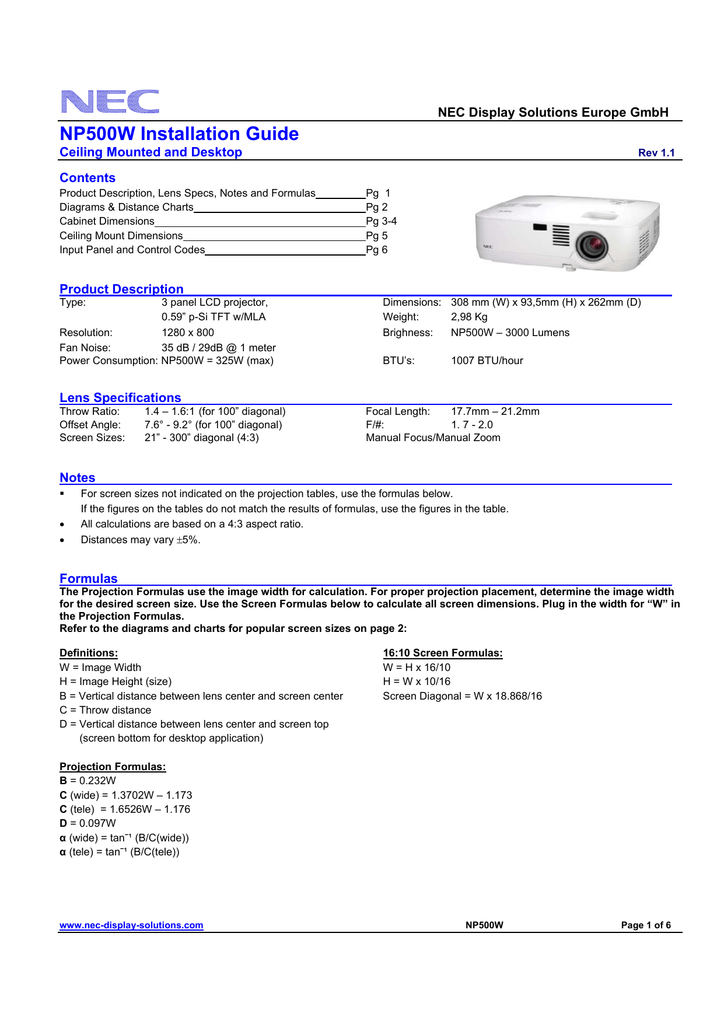 Np500w Installation Guide Nec Display Solutions Europe