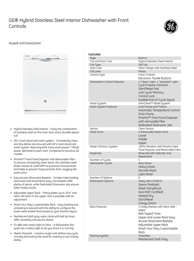 Ge Hybrid Stainless Steel Interior Dishwasher With Front