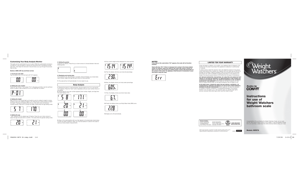 Conair WW78, WW68, WEIGHT WATCHERS BATHROOM SCALE WW66, Weight Watchers