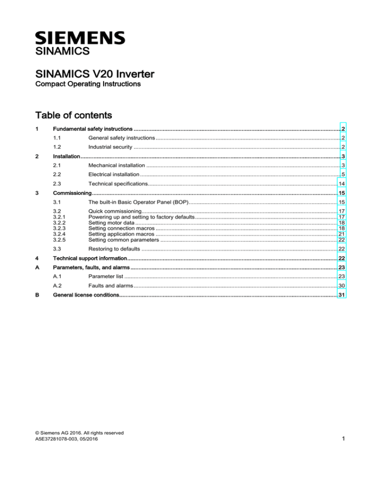 Siemens SINAMICS V20 Inverter - Compact Operating Instructions | Manualzz
