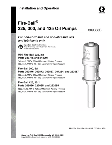 Graco 309868B Fire-Ball 225, 300, and 425 Oil Pumps Owner's Manual | Manualzz
