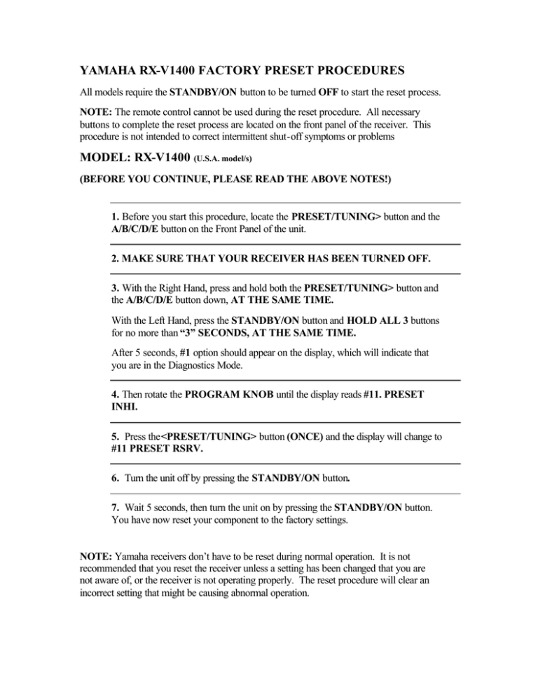 Yamaha Rx V1400 Factory Preset Procedures Model Manualzz