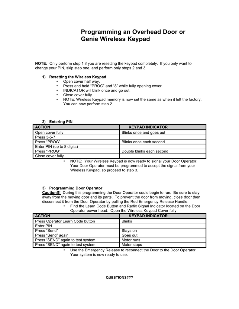 Pdf Programming An Overhead Door Or Genie Wireless Keypad