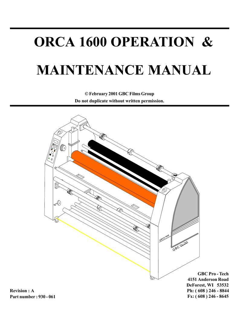 GBC Orca 1600 Roll Laminator Operations Manual Manualzz