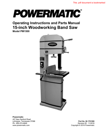 Powermatic Pm1500 Bandsaw, 3hp 1ph 230v Manual 