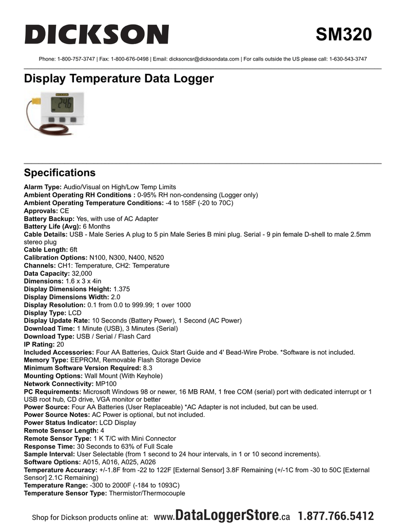 Dickson Data Dickson SM320 Display Temperature Data Logger Manualzz