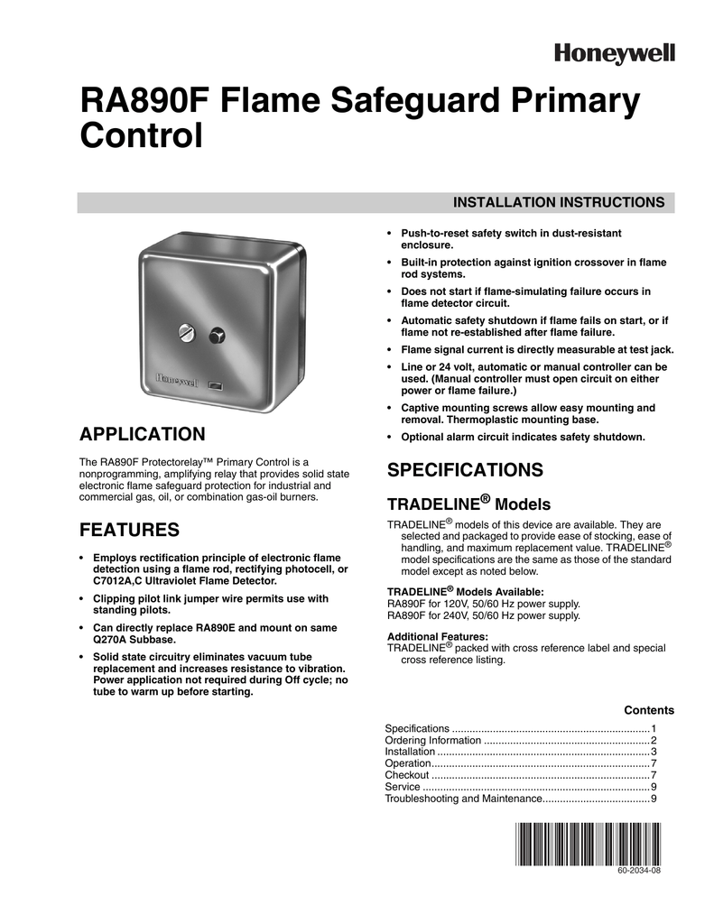 RA890F Flame Safeguard Primary Control Manualzz