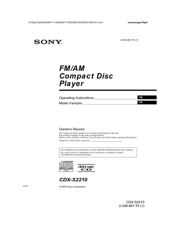 Sony CDX-S2210 CD Player Operating instructions | Manualzz