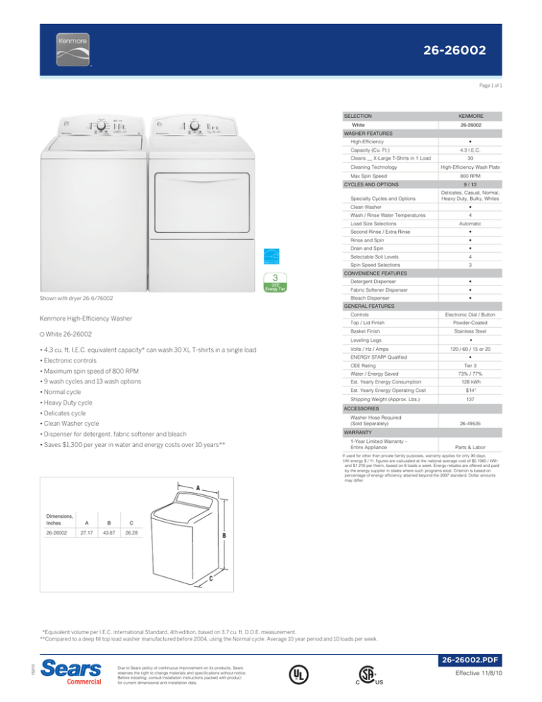 Kenmore HighEfficiency Washer White 26 Manualzz