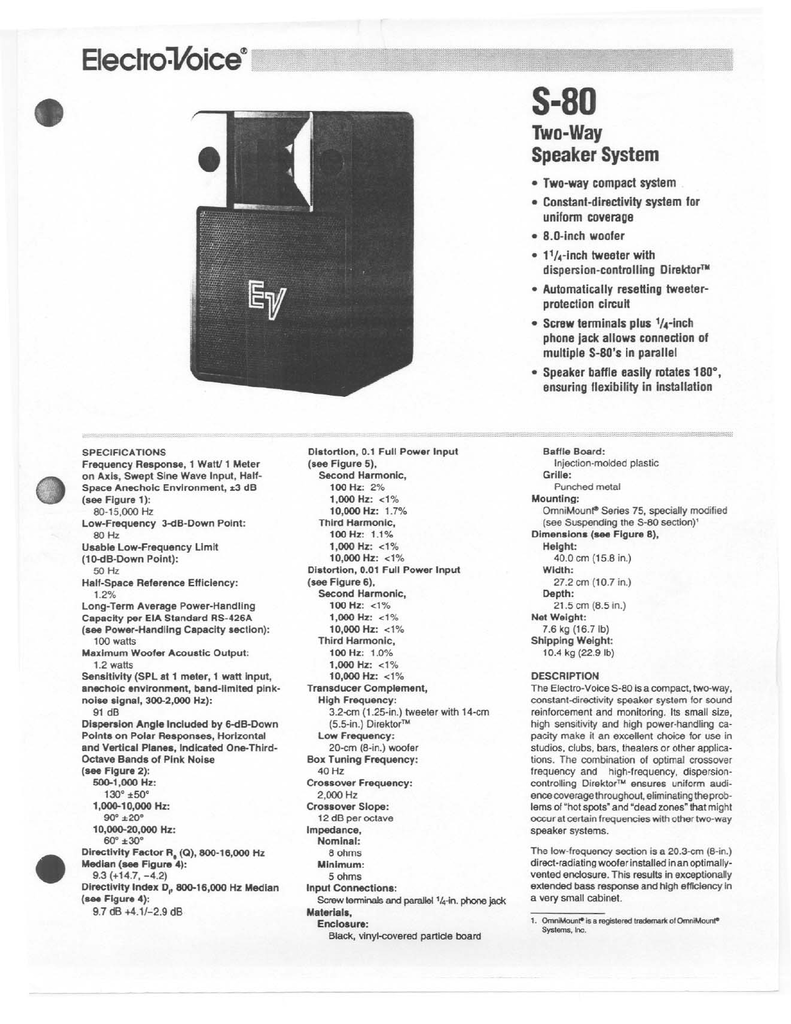 Electro-Voice S-80 Data Sheet | Manualzz
