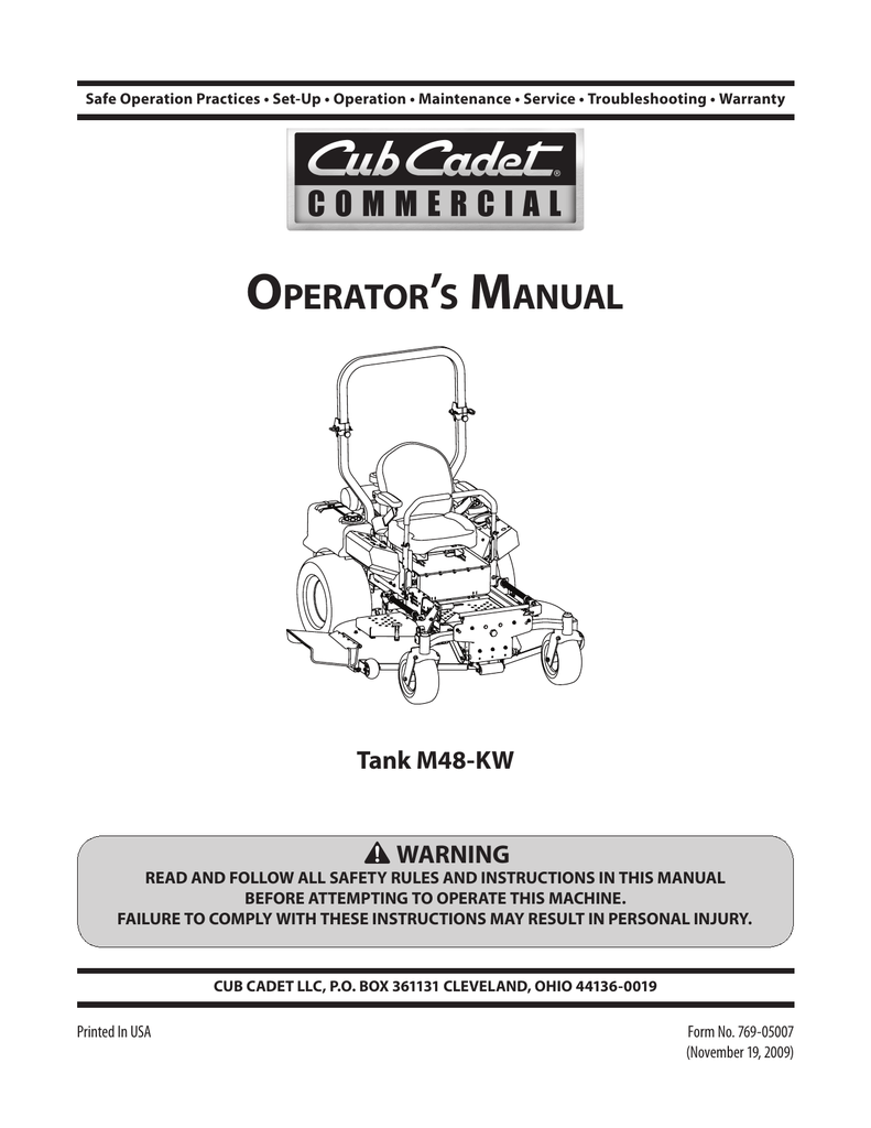 Cub Cadet Commercial Tank M48-KW Operator's Manual | Manualzz