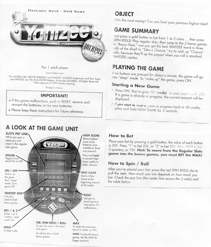 Hasbro Yahtzee Jackpot Slots Hand Held Operating Instrustions Manualzz