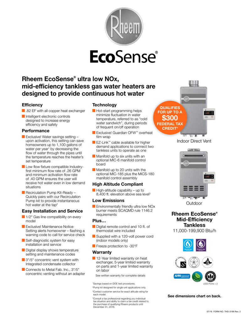 Rheem EcoSense® ultra low NOx, mid-efficiency tankless gas water | Manualzz