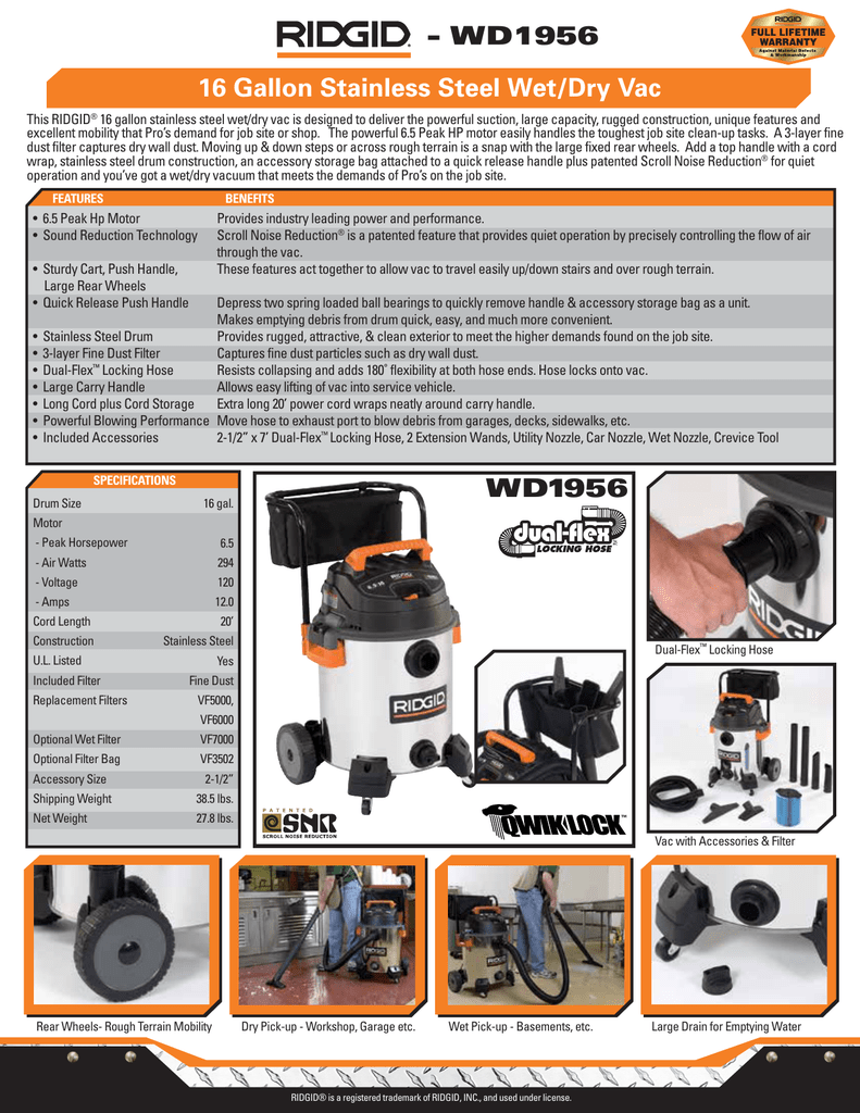 Wd1956 16 Gallon Stainless Steel Wet Dry Vac Manualzz
