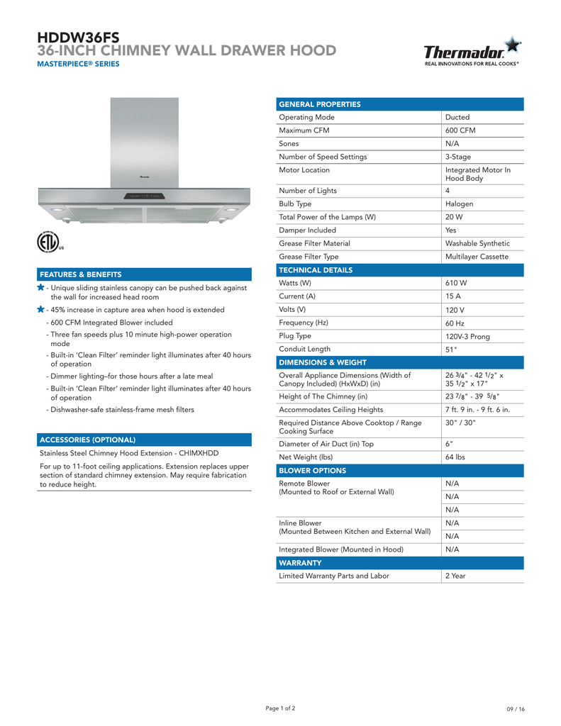 Hddw36fs 36 Inch Chimney Wall Drawer Hood Manualzz Com