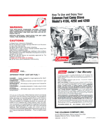 Coleman 413G, 425E, & 426D Stove Owner Manual | Manualzz