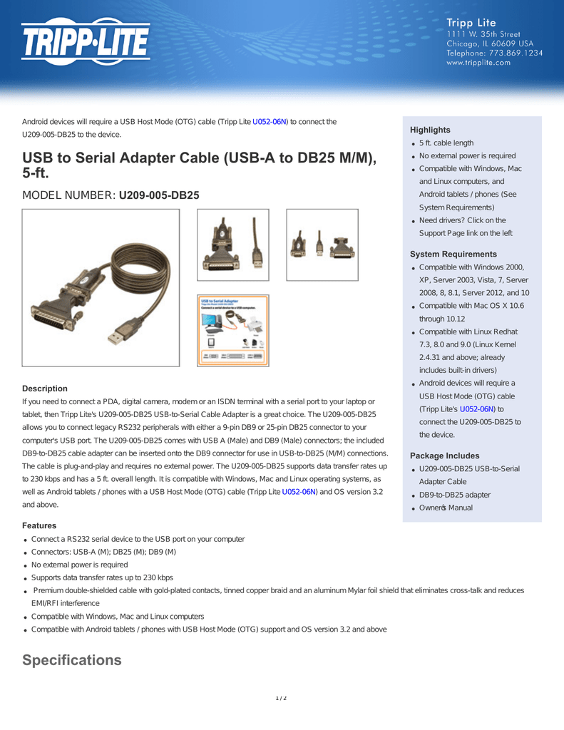 Tripp Lite Usb To Rs232 Serial Adapter Cable Usb-a To Db25 Db9 M//m 5/' 5ft For