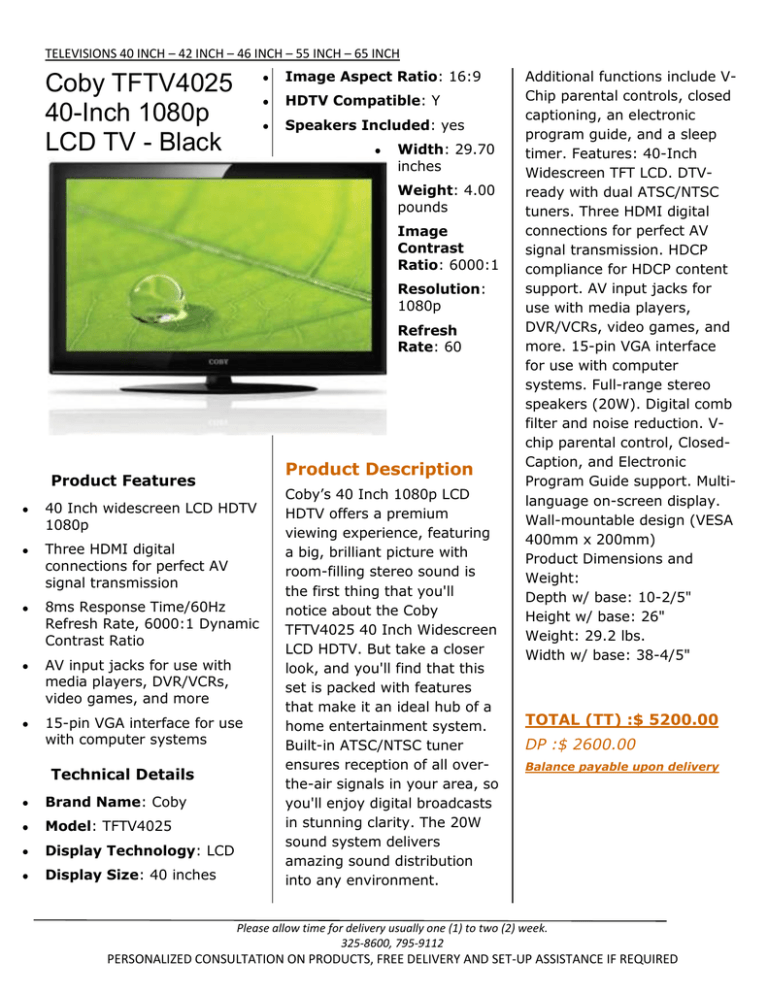 Coby TFTV4025 40-Inch 1080p LCD TV | Manualzz