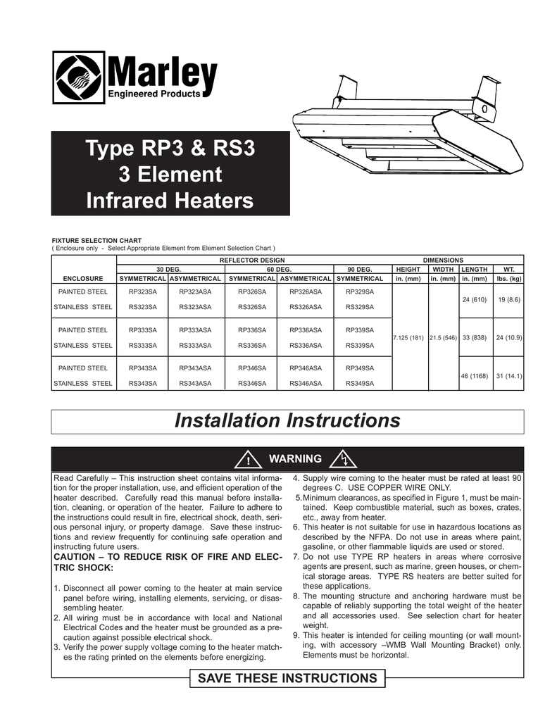 Marley PRP/PRS 2 u0026 3 Element Infrared Heaters Instruction Manual | Manualzz