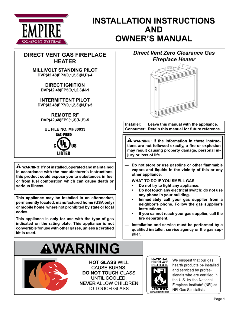 Empire Comfort Systems DVP48FP3P4 Installation Instructions And Owner