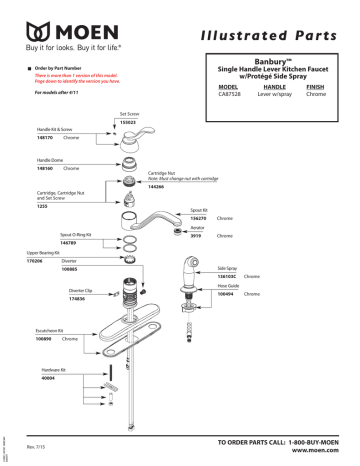 Moen CA87528 Banbury Chrome one-handle low arc kitchen faucet Exploded ...