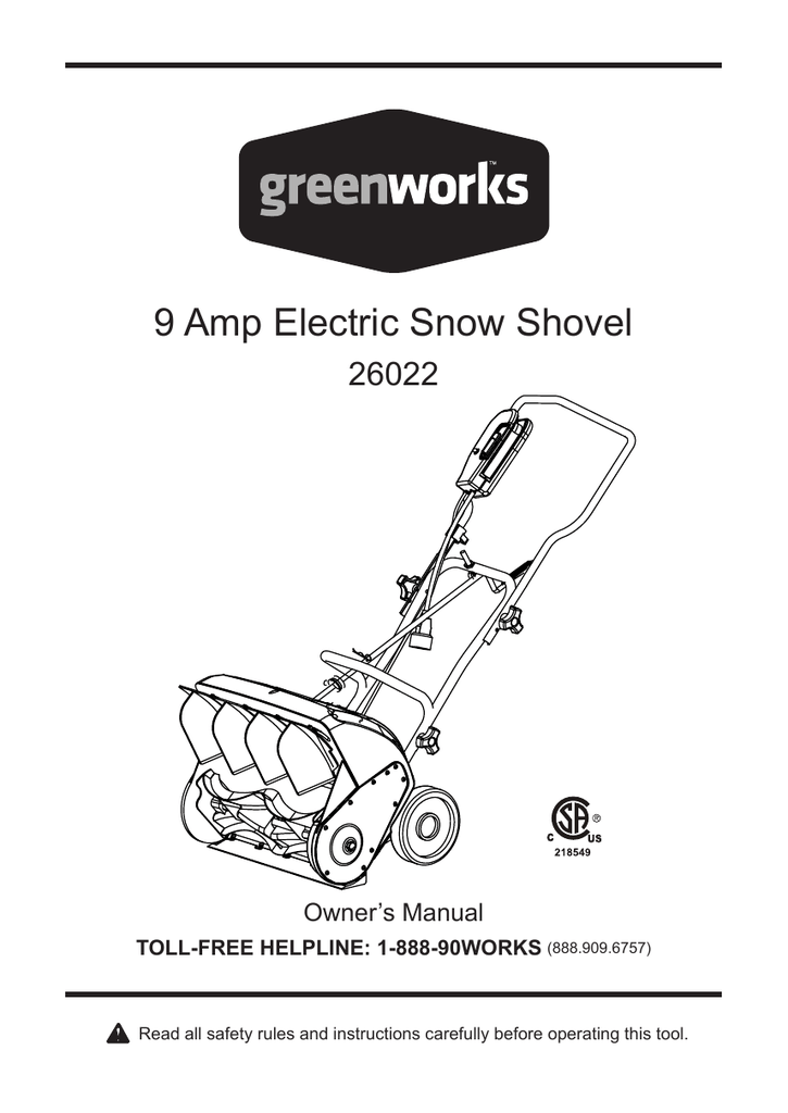 Greenworks 26022 14 in. Electric Snow Blower Use and Care Manual Manualzz
