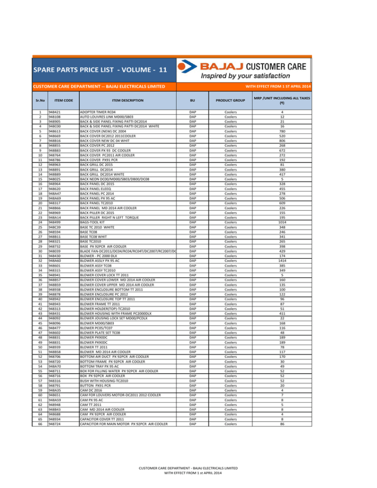 bajaj boxer spare parts price list