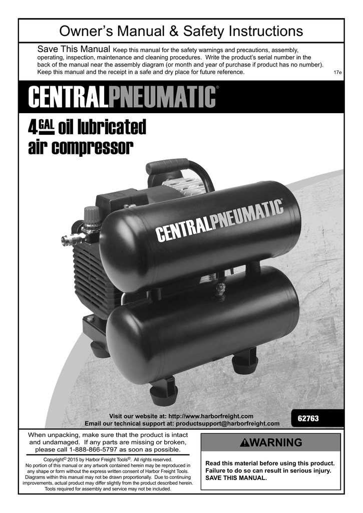 Central Pneumatic 62763 4 gallon 2 HP 125 PSI Twin Tank Air Compressor ...