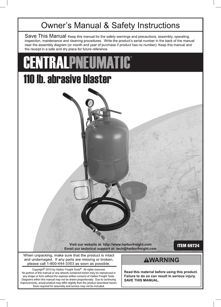 Central Pneumatic 69724 110 lb. Pressurized Abrasive Blaster Owner's Manual Manualzz