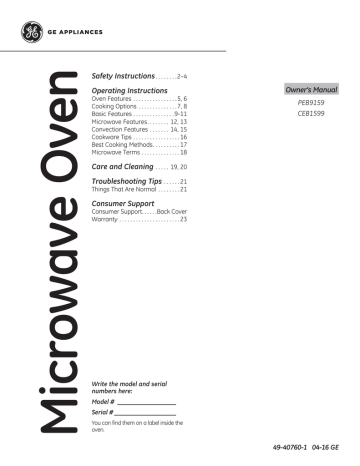 GE PEB9159SJSS Profile 1.5-cu ft 1000 Countertop Convection Microwave Owner's Manual | Manualzz