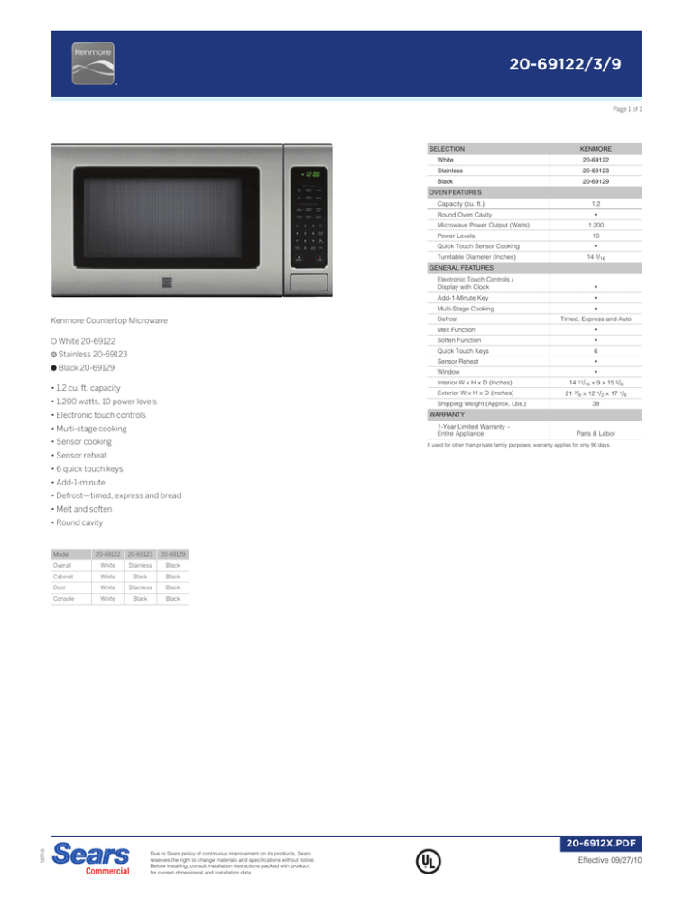Kenmore Countertop Microwave White 2069122 Stainless Manualzz