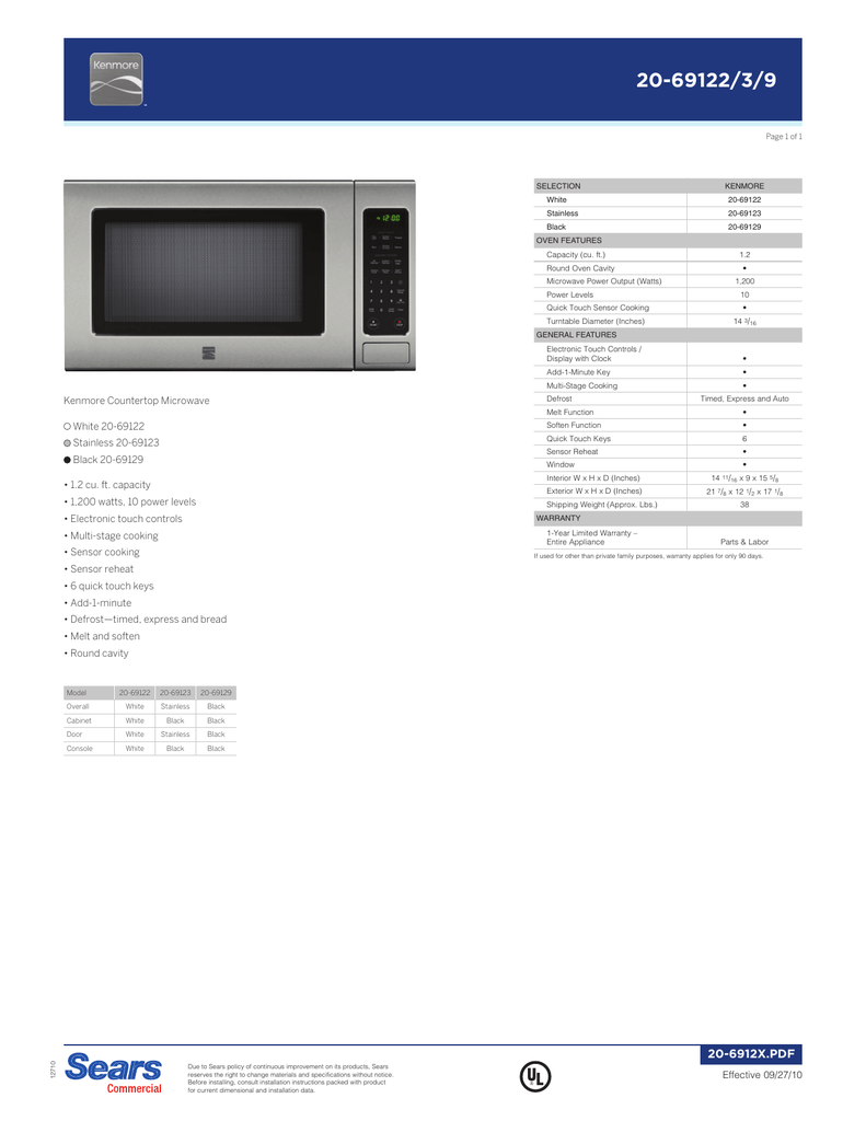 Kenmore Countertop Microwave White 20 69122 Stainless Manualzz