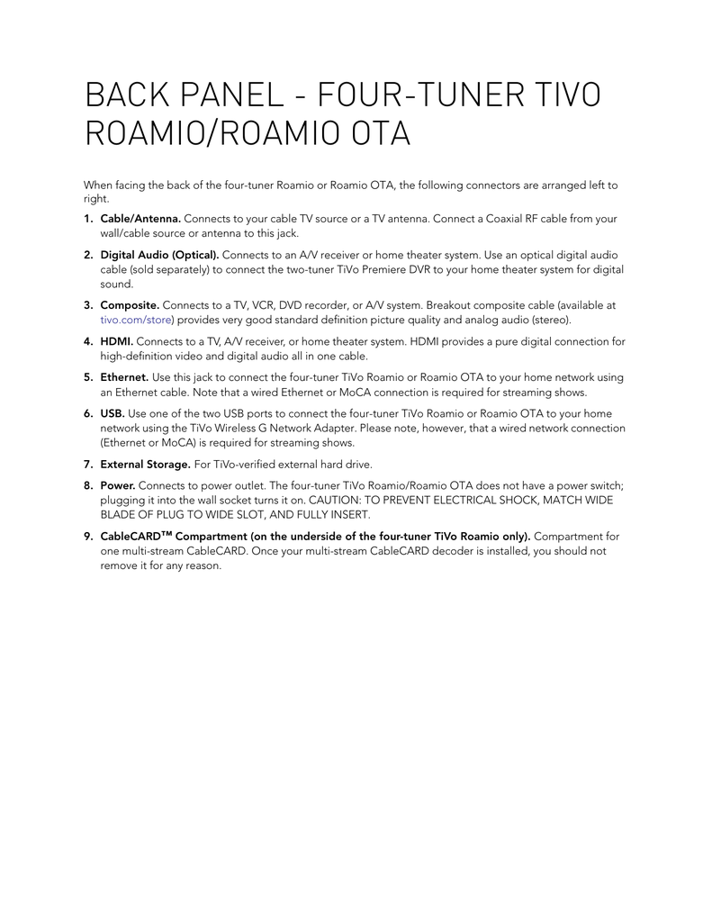 Roamio 4 Tuner And Roamio Ota Back Panel Diagrams Manualzz