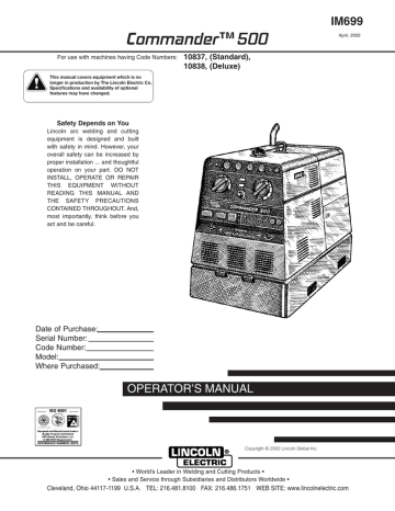 Lincoln Electric Commander 500 (STD) - 10837 Operator Manual | Manualzz