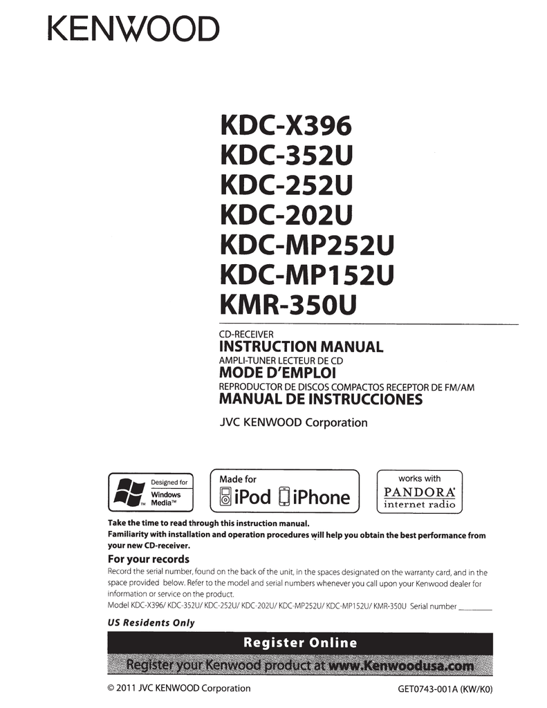 Instruction Manual. Kenwood KDC-MP152U, KDC-MP252U, KDC-X396, KDC-352U, KDC-252U,  KDC-202U, KMR-350U | Manualzz
