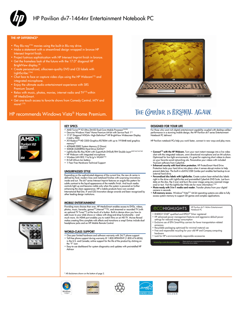 Hp Pavilion Dv7 1464nr Entertainment Notebook Pc Manualzz