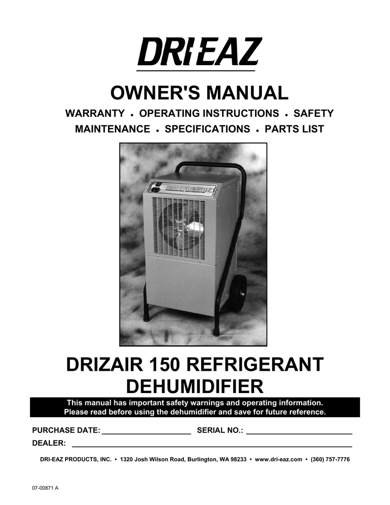 DRIZAIR 150 REFRIGERANT DEHUMIDIFIER - Dri | Manualzz Dri-Eaz F421 Filter Manualzz
