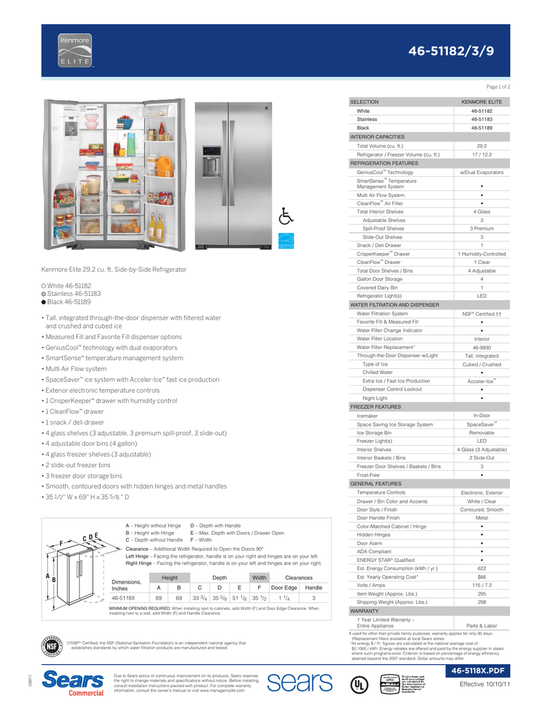 Kenmore Elite 29 2 Cu Ft Side By Side Refrigerator White