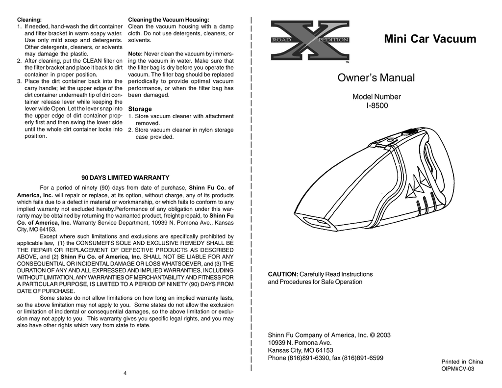 Mini Car Vacuum Shinn Fu America Manualzz