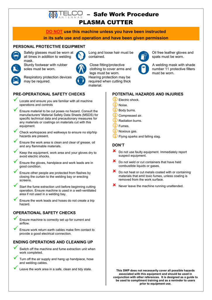 Safety Operating Procedures Plasma Cutter Manualzz