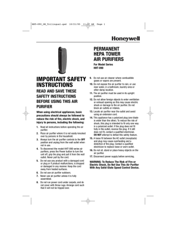 Honeywell HHT090 - HEPAClean Tower Air Purifier Owner's Manual | Manualzz