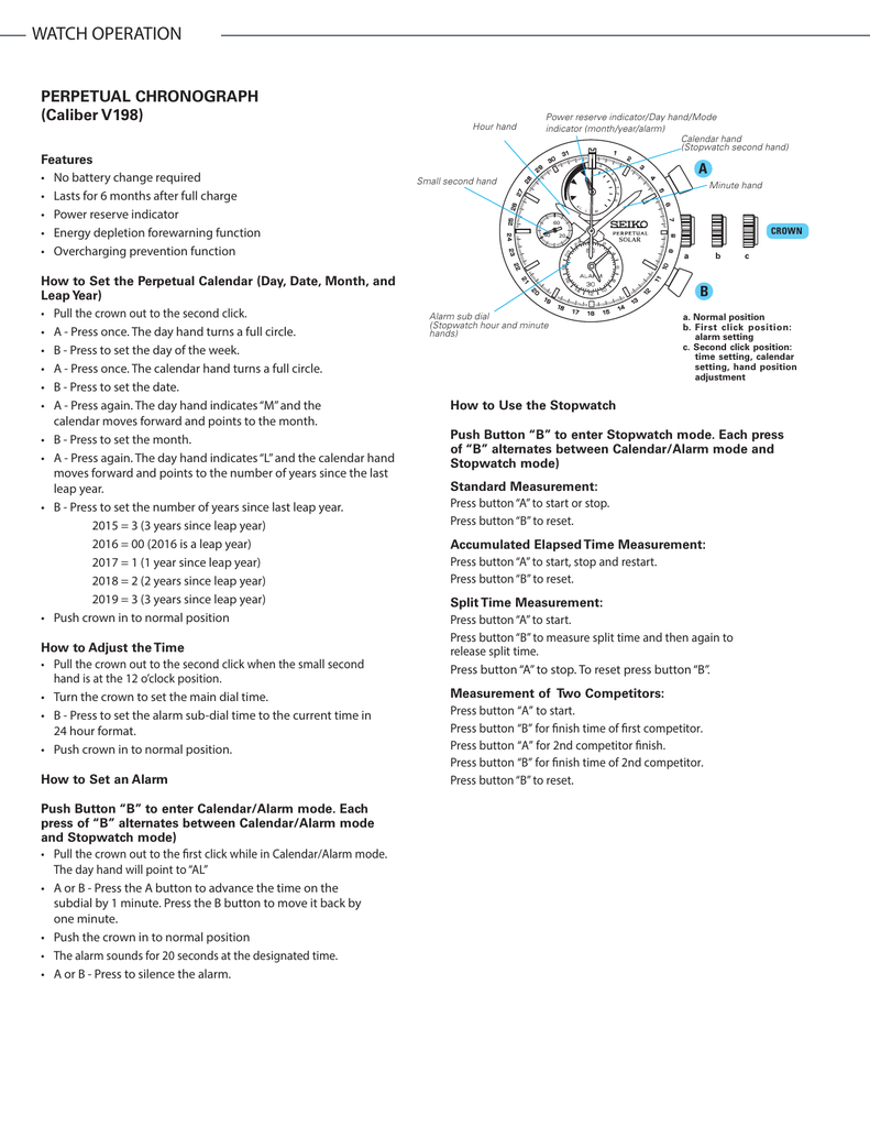 Seiko watch guide for watches with movement V198 | Manualzz