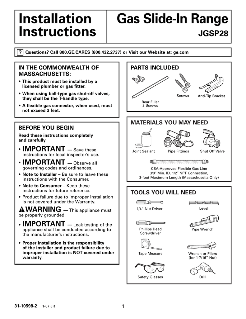 Installation Gas SlideIn Range Instructions JGSP28 Manualzz