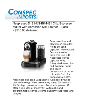 Nespresso D121-US-BK-NE1 Citiz Espresso Maker with Aeroccino | Manualzz