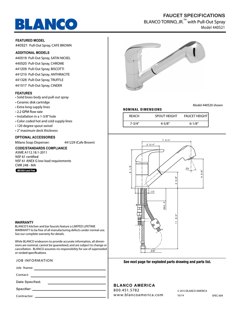 Blanco Torino Jr With Pull Out Spray Faucet Specifications