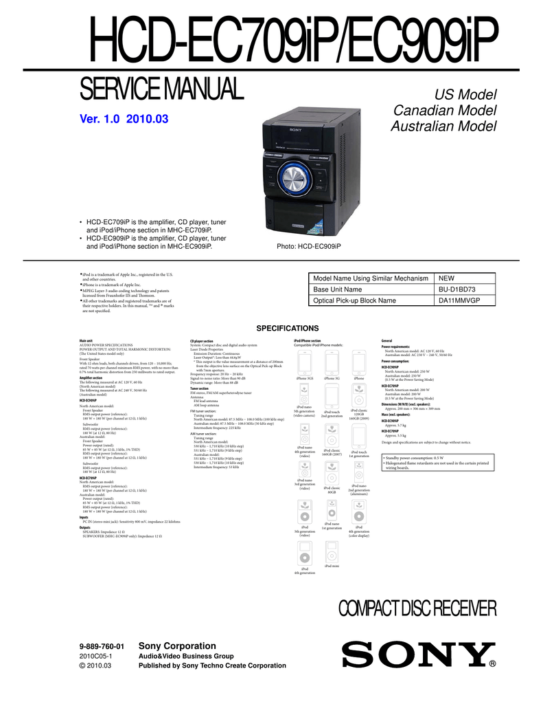 Sony HCD-EC709iP - Cd Deck Receiver Component, HCD-EC909iP - Compact ...
