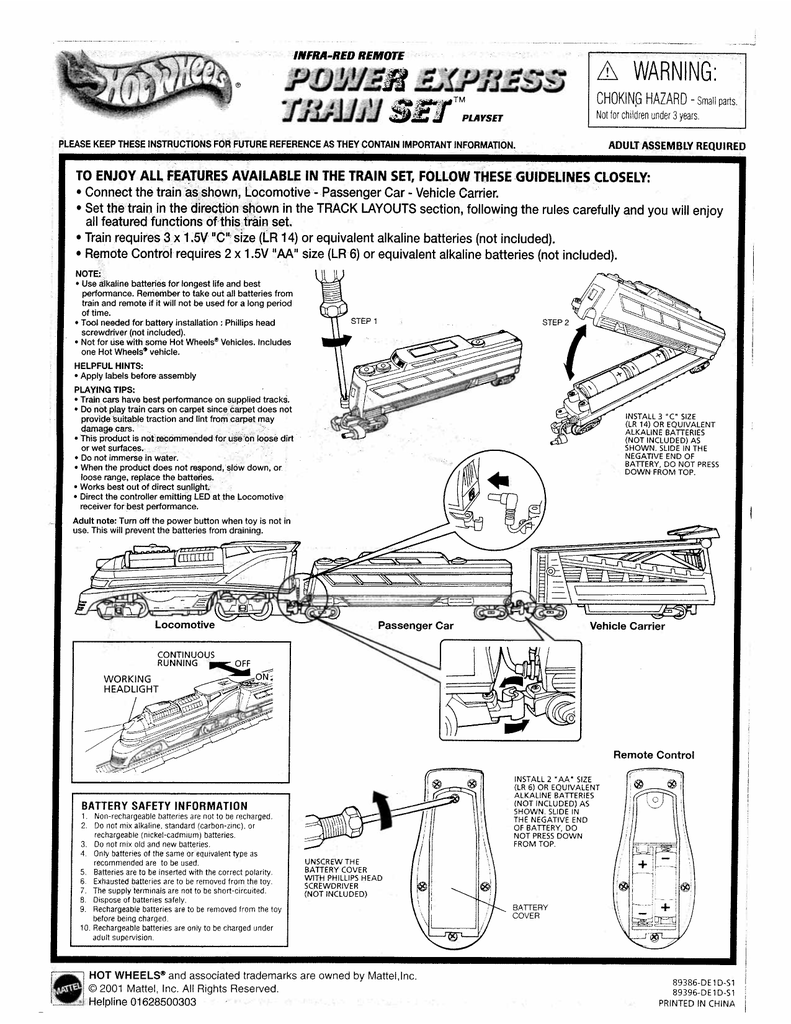 Mattel Hot Wheels R/C Power Express Train Set Instruction Sheet Mattel Hot Wheels R/C Power Express Train Set Instruction Sheet
